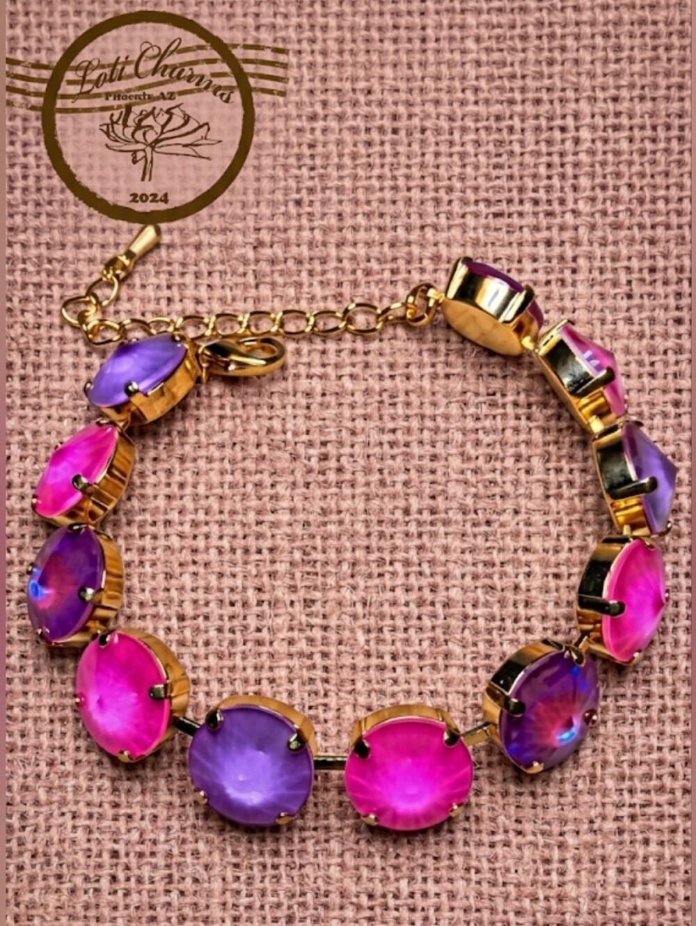 Neon Hot Pink Stardust Crystal In Classic Tennis Bracelet In 18K Gold Plated